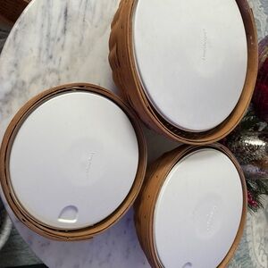 Longaberger Brown Baskets with Clear plastic bowls and White Lids sm,med,large
